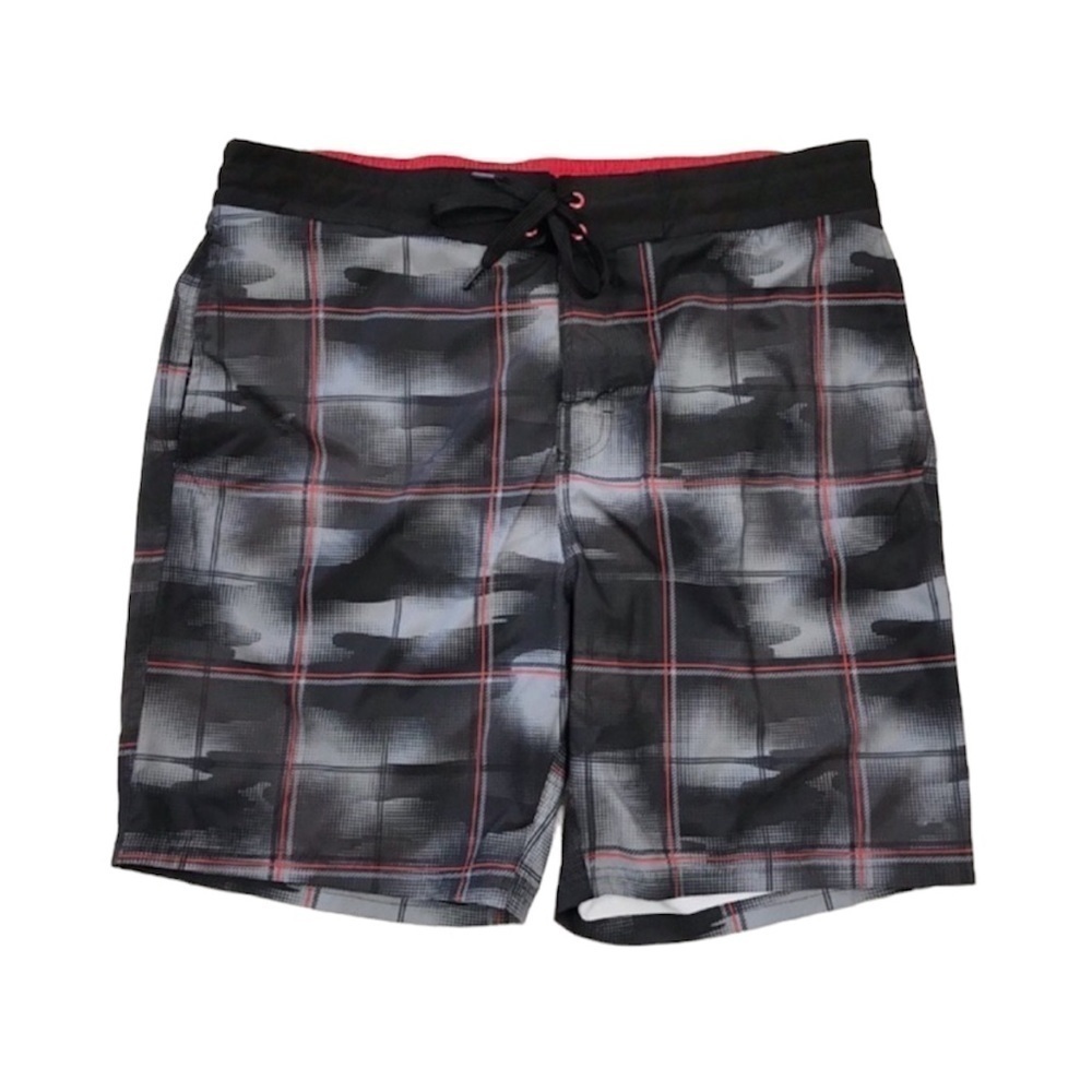 Zeroxposur Mens Plaid Swim Trunks Shorts With Pockets Black Gray Red Size XL